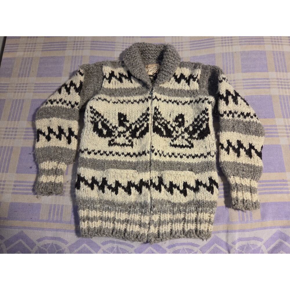 Vintage HILLS INDIAN CRAFTS Thunderbird Genuine Cowichan Wool Sweater 70s 80s